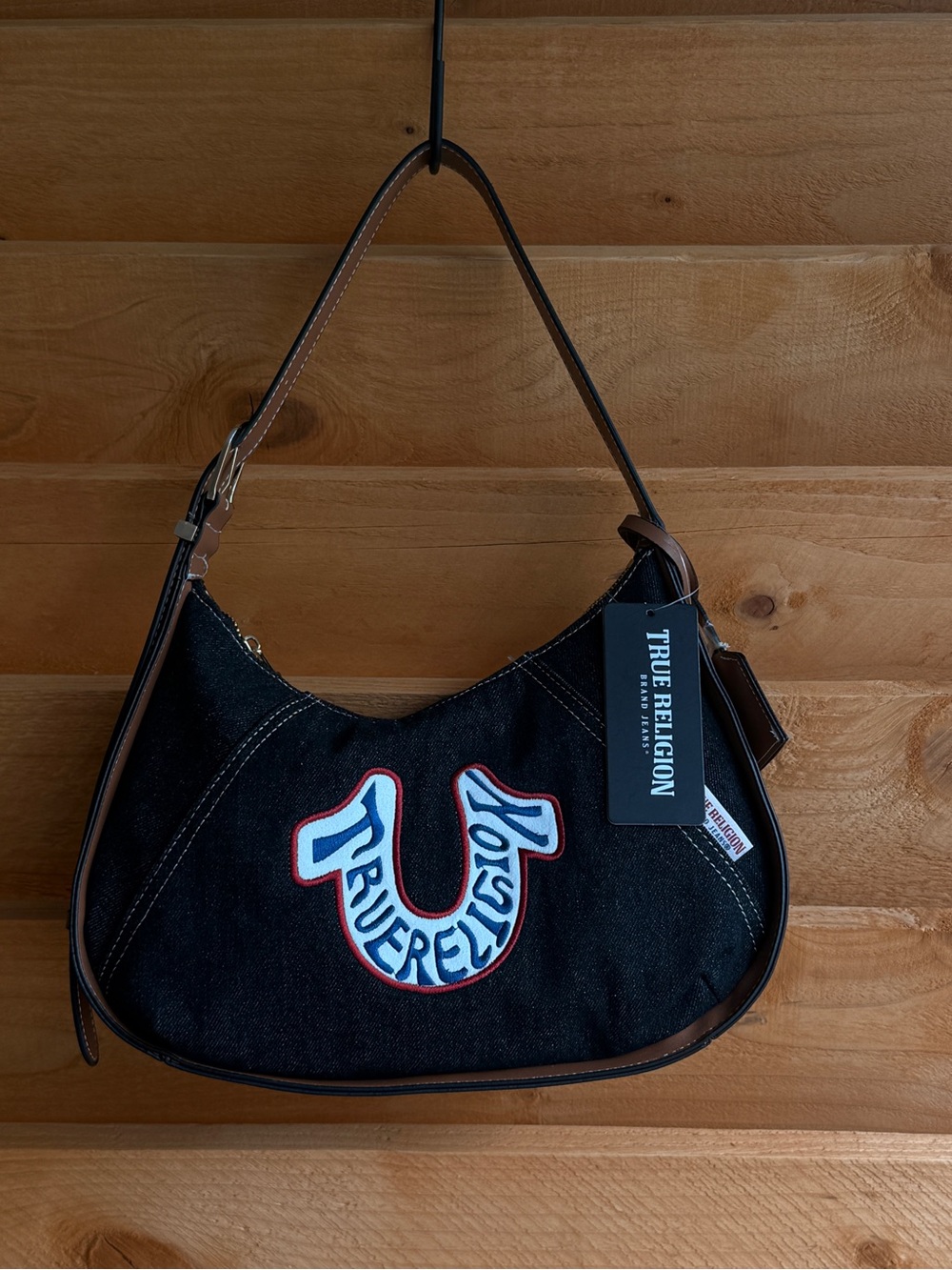 True ReligionBlack Y2K westernDenim Shoulder Bag/Brown Trim&Embroidered Logo NWT